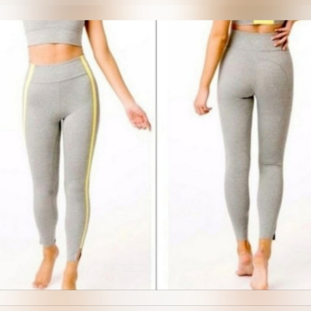 ZYIA Active High-Rise Luxe Leggings Gray Yellow Stripe Slit Ankle 8-10